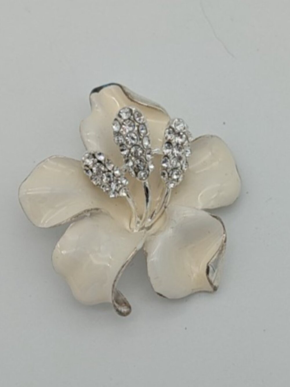 Vintage Brooch White Enamel Orchid Flower Silver Tone Clear Rhinestones Gorgeous